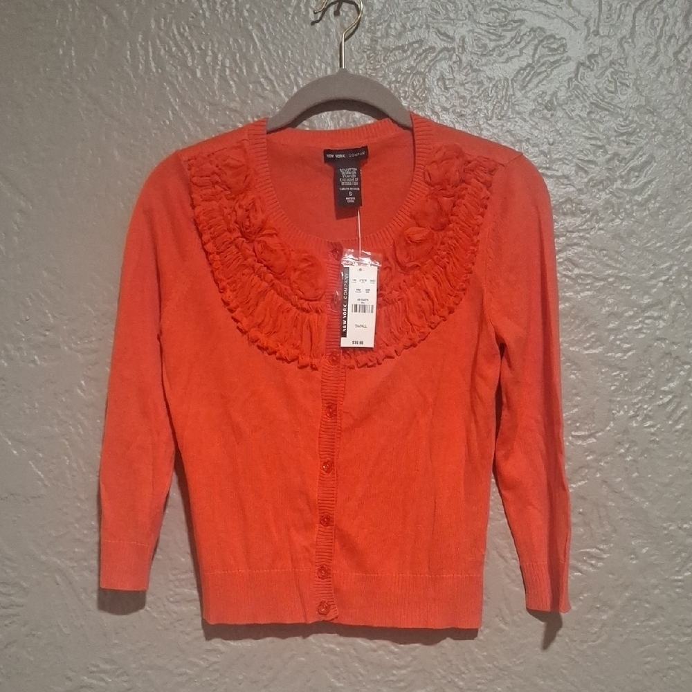 NEW.New York & Company Women's Orange Ruffled Cardigan Size S